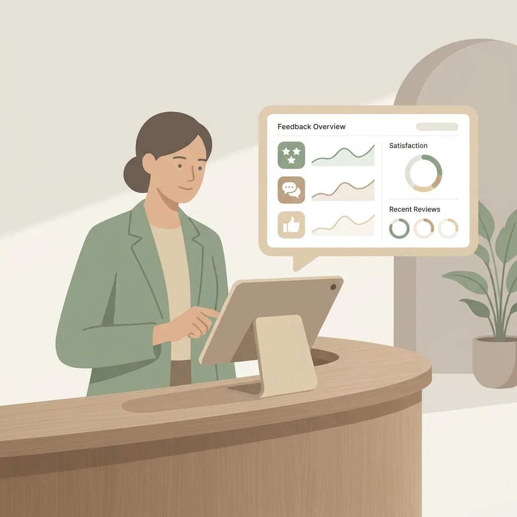 Réceptionniste d'hôtel consultant un tableau de bord d'avis sur tablette